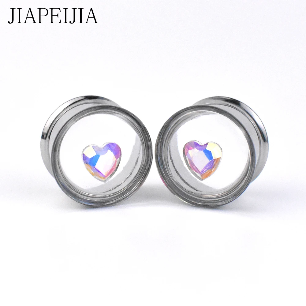 Heart-shaped Crystal Ear Tunnels Stretching Kit Steel Screwed Flesh Expander Earring Gauges with Double Flared 8-25mm