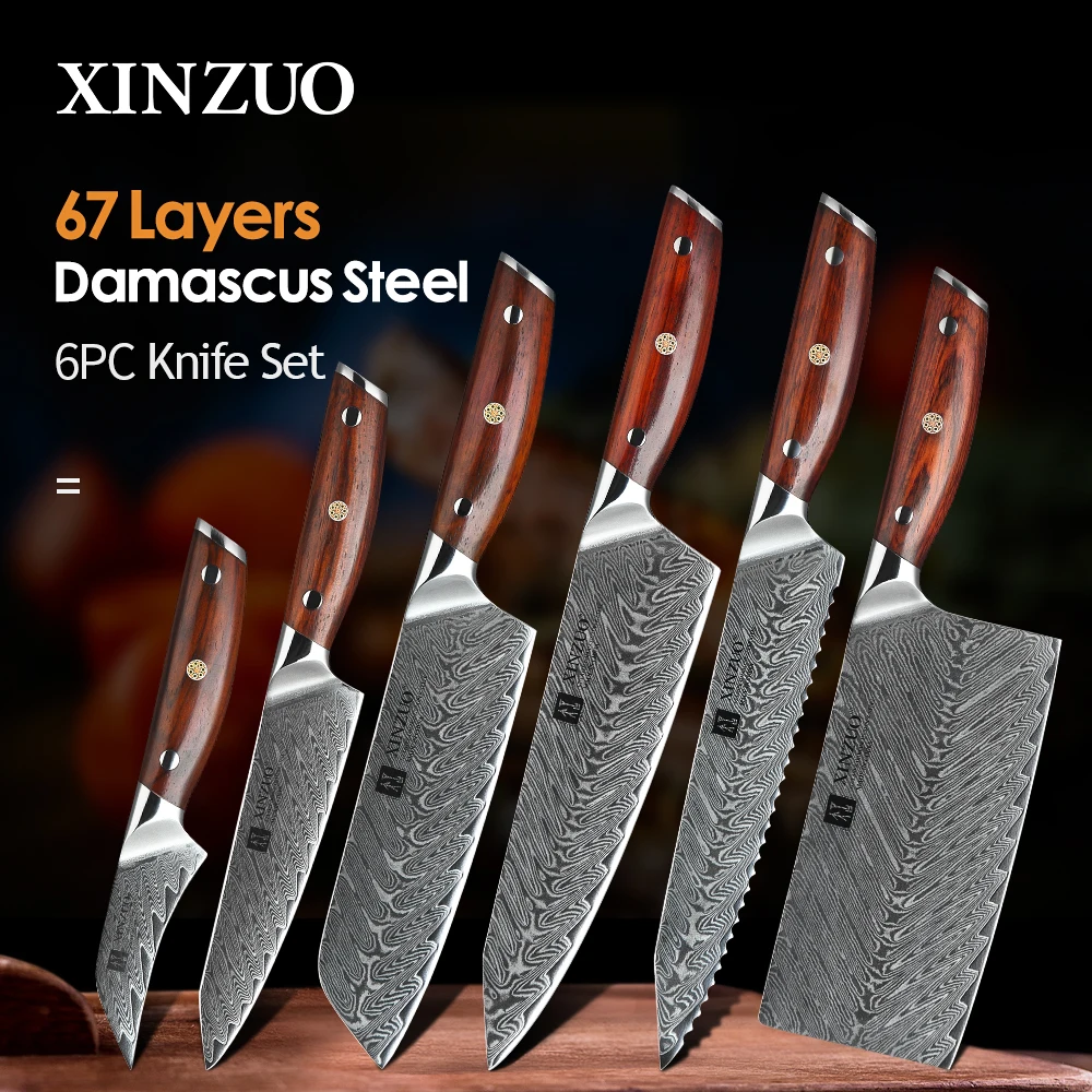 XINZUO 6PCS Kitchen Knife Cooking Sets Japanese Damascus Steel Kitchen Knives Chef Slicing Santoku Utility Bread Paring Knife