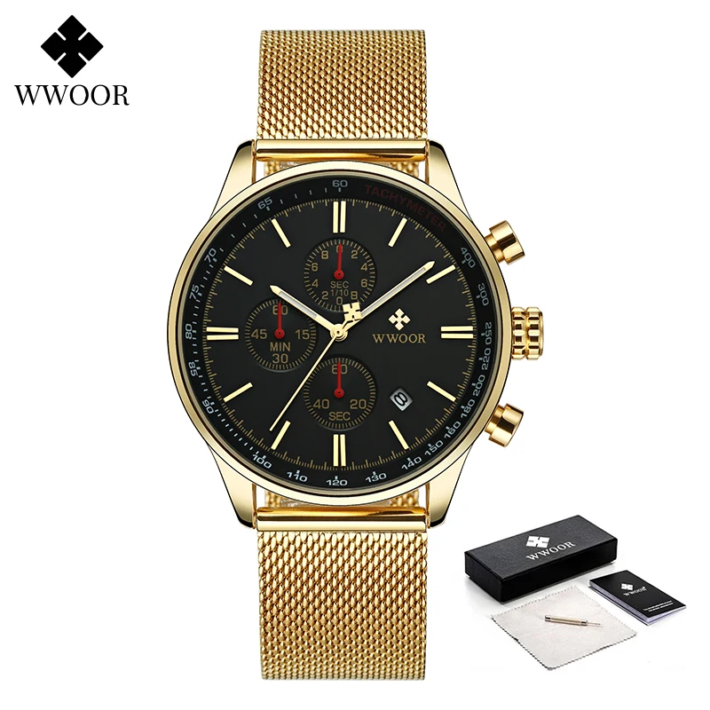 Relogio Masculino WWOOR Sports Mens Watches Top Brand Luxuy Gold Black Mesh Steel Quartz Waterproof Date Chronograph Wrist Watch