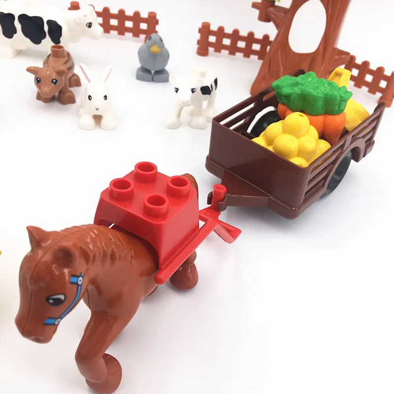 Big Size Building Blocks Farm Work Scene Horse Cow Rabbit Animals Accessories Bricks Compatible With Cart Trailer Toys For Kids