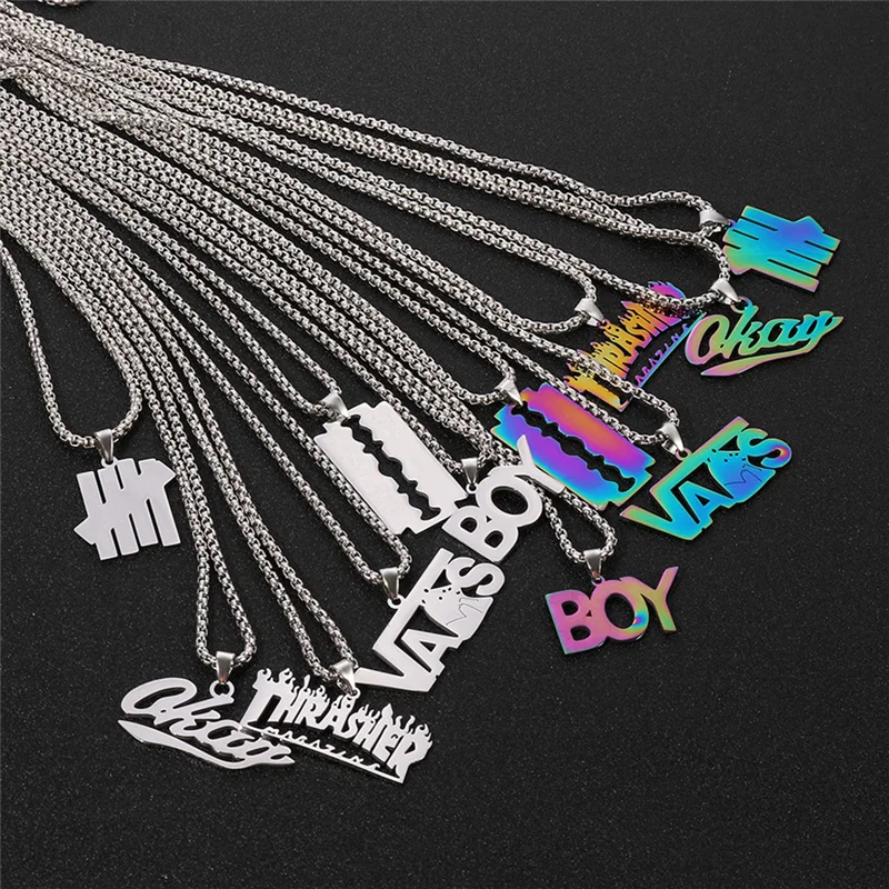 Magazine BOY Bear OKAY  Razor Blade Necklace Letter Pendant Stainless Steel Flame Quenched Hip-Hop Rock Men DJ Rapper Jewellery