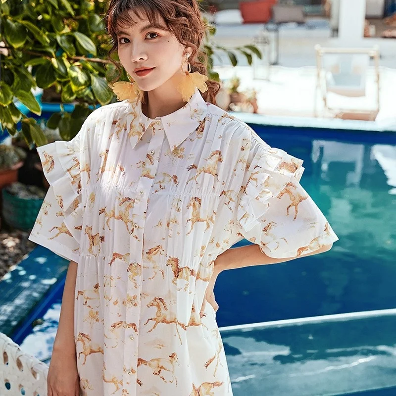 

Women Summer Dress 2022 Fashion Office Ladies Printed Loose Single Breasted Shirt Dress Casual Sweet White Ruffle Short Dresses