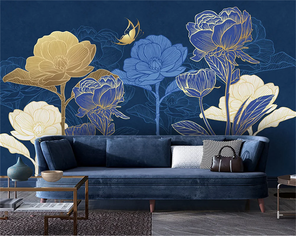 

beibehang Customize new papel de parede modern minimalist light luxury plant line lapis lazuli blue background wallpaper