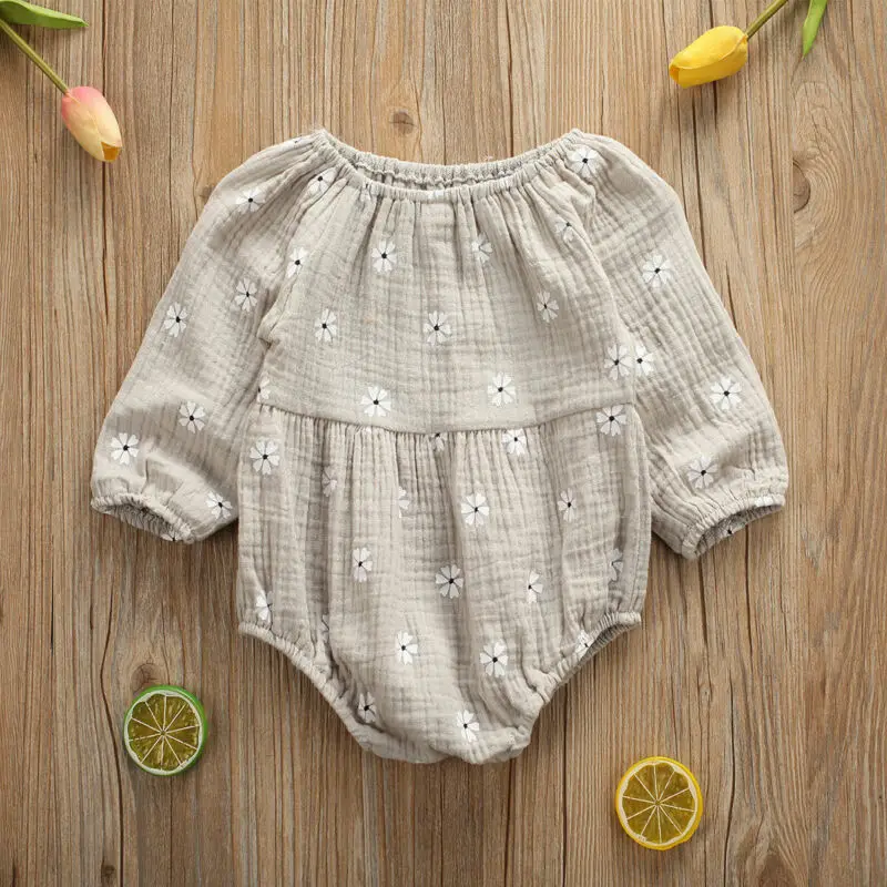 2019 Baby Spring Autumn Clothing Newborn Infant Baby Girls Cotton Linen Long Sleeves Off Shoulder Floral Bodysuit Jumpsuit 0-24M