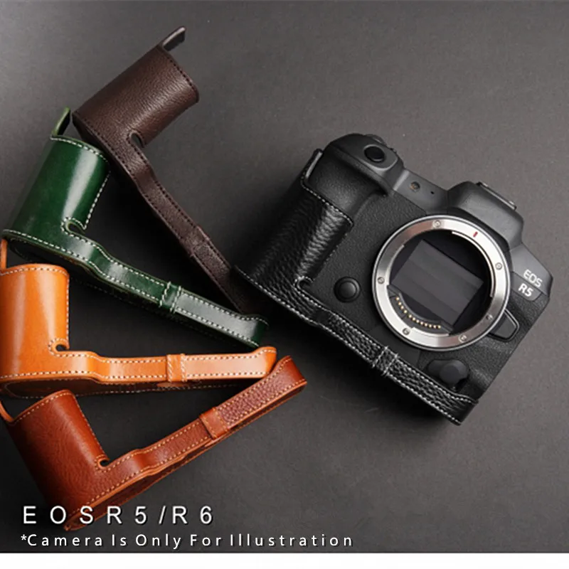 

Leather Camera Half Case Bag Wrist Strap For Canon EOS R5 EOS R6 Hand Made