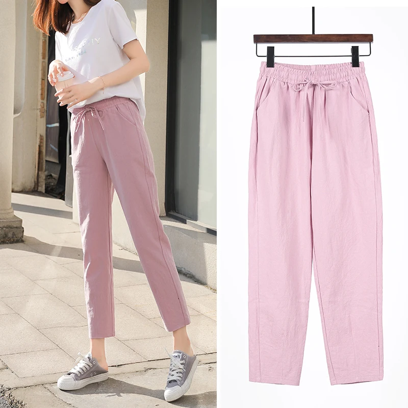 Women Summer Autumn Pants Cotton Linen Solid Elastic Waist Candy Colors Harem Soft Trousers Female Lady High Quality Pant S-XXL