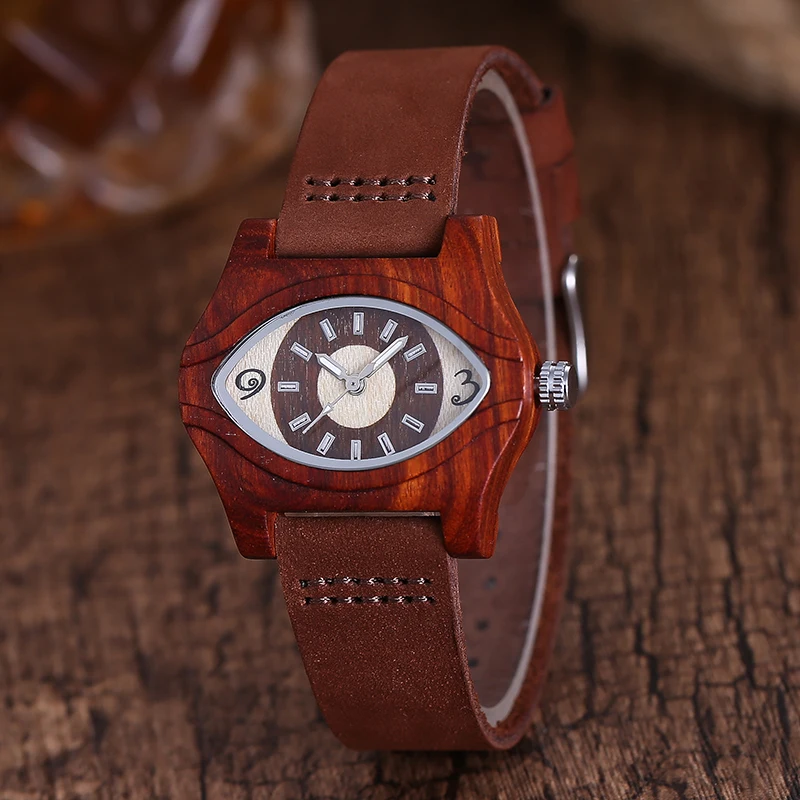 Creative Eye Shape Women Ladies Watch Simple Wood Leather Band Quartz Wrist Watch  horloges relojes mujer montres for gift
