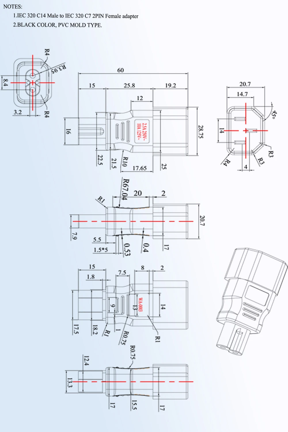 IEC 320 C14 to C7 adapter C7 to C14 AC adapter Kettle 3 Pin  C13 To C8 AC Plug Adapter Female to Male Converter Plug Socket PVC