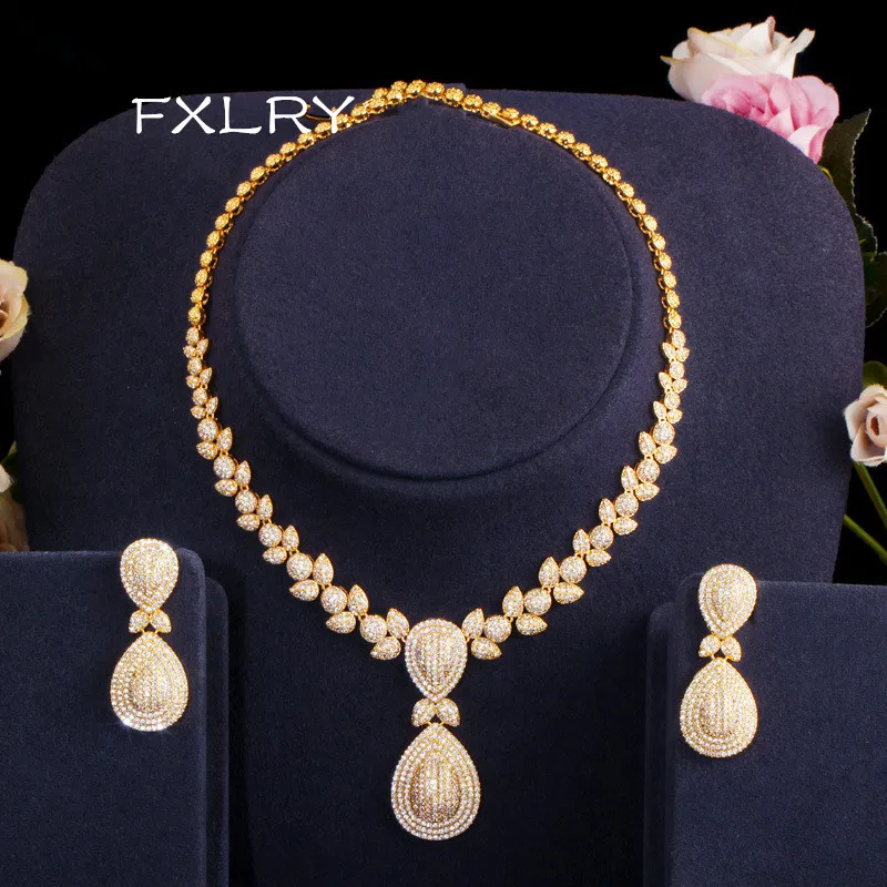 

FXLRY New Design Micro Pave Cubic Zirconia Stones Luxury Gold Color Bridal Wedding Necklace Jewelry Sets For Women