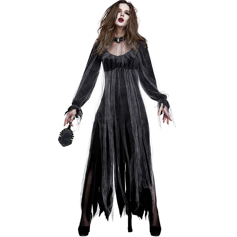 Black Horror Ghost Dead Corpse Zombie Costume Long Bridal Dress Women Adult Halloween Scary Cosplay Costumes