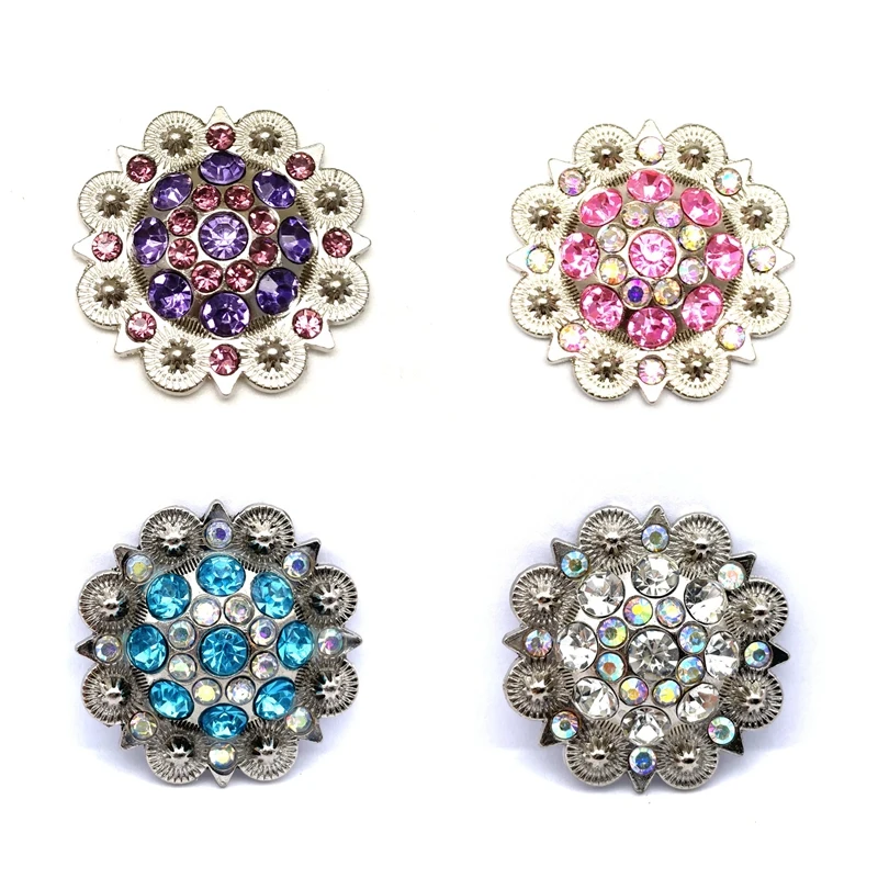 Conchos occidentales de flores de Metal, accesorios de cinturón de decoración de diamantes de imitación Multicolor, blanco y azul, venta al por