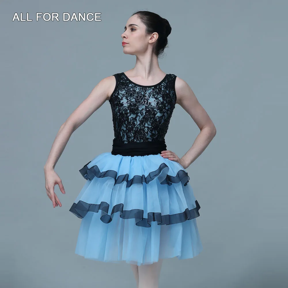 20124 Spandex Leotard สีดํายืดเลื่อมลูกไม้ Bodice บัลเล่ต์ Tutu โรแมนติกเต้นรําเครื่องแต่งกายบัลเล่ต์ Tutu