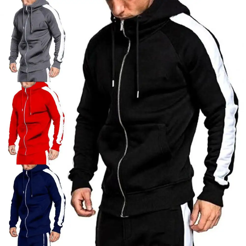 2 Pcs/Set Men Tracksuits Contrast Colors Hooded Drawstring Casual Sports Sets for Daily Wear
