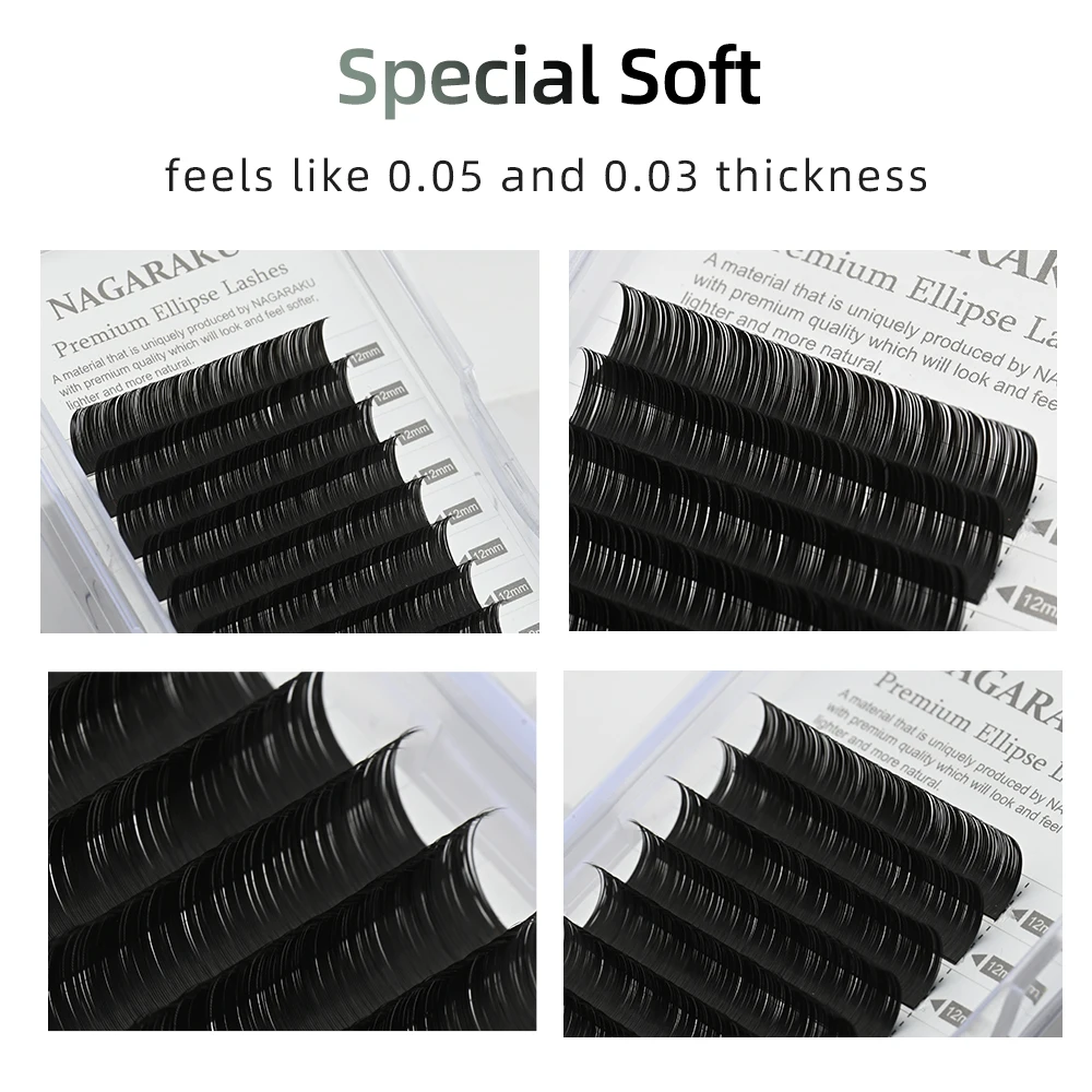 NAGARAKU Flat Ellipse Eyelash Split Tips Matte  Black Brown Color Super Soft Gentle Natural Eyelash Extension Flat Shape Lashes