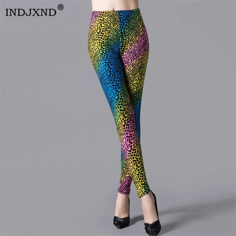 

INDJXND Fashion Women Leggings Slim High Waist Elasticity Leggings Leopard Printing Leggins Pants Ankle Length Polyester Bottom