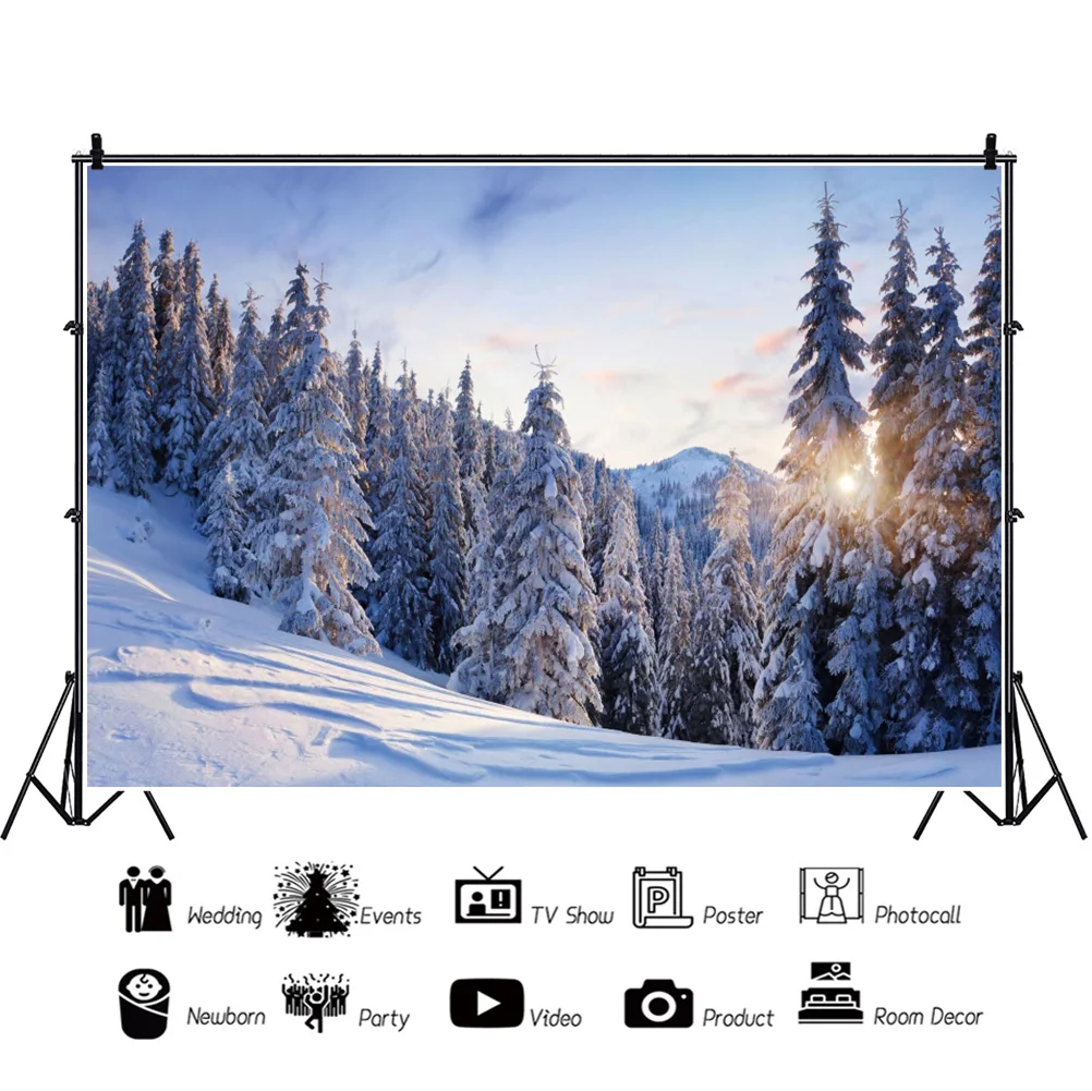 Laeacco inverno floresta árvore de natal montanha paisagem retrato sala decoração pano de fundo foto fotográfica