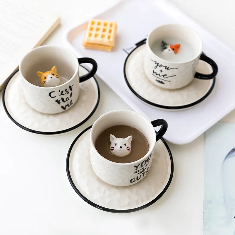 Creative Ceramics Mug with Spoon Tray Cute Cat Relief Coffee Milk Tea Handle Porcelain Cup Couple Water Cup Novelty Gifts