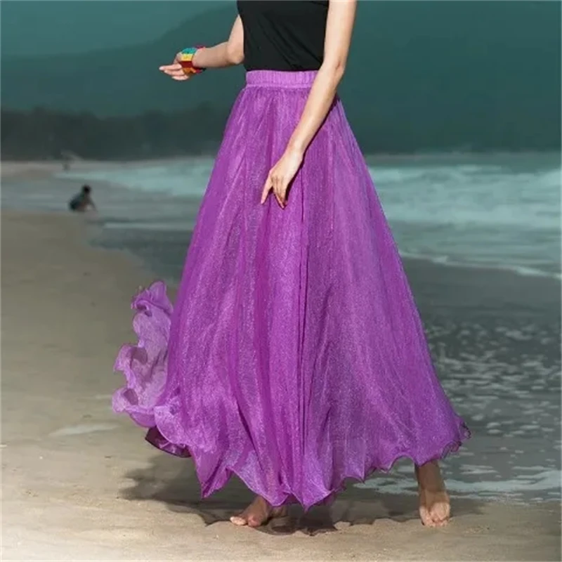 Lady Maxi Boho Skirts Midi Pleated Bling Chiffon Skirt Beach Floor Length Big Hem 2 Layers Faldas Saia Sundress Robe Skirt Mujer