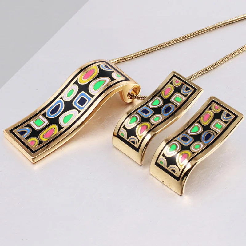 zlxgirl Couple jewelry Geometry Enamel Stainless steel pendant earring sets Europe Brand gold chain necklace ear bijoux