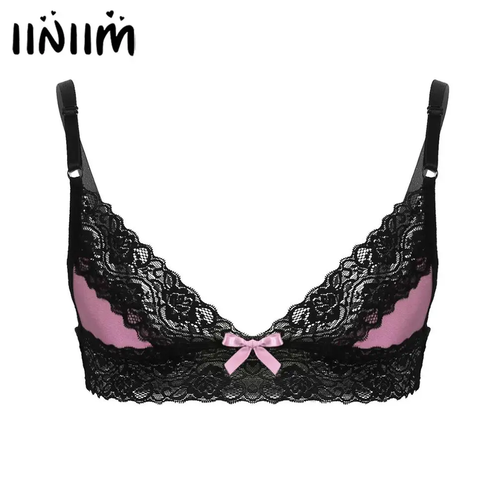 

iiniim Mens Gay Erotic Sissy Lingerie Bras Tops for Fetish Parties Spaghetti Straps Floral Lace Trim Wire-free Unlined Bra Tops