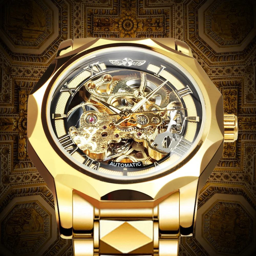 WINNER Luxury Dodecagon Skeleton Automatic Mechanical Watches for Men Luminous Carved Movement Stainless Steel Strap Gold Watch