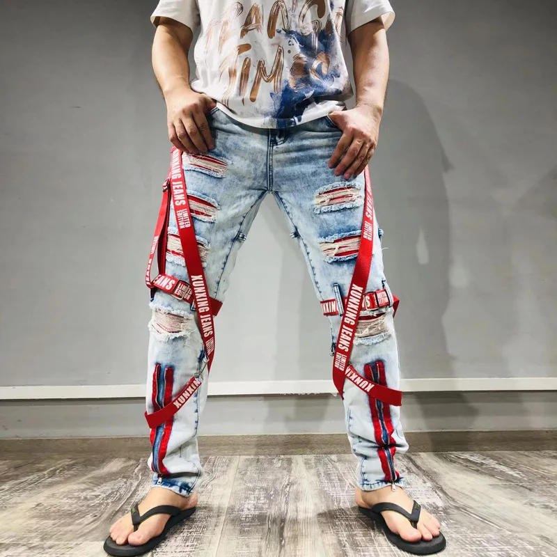 2022 Vibe Style Patch Straps Hole Ripped Punk Men Slim Jeans Trousers Zipper Hip Hop Vintage Pencil Denim Pants Pantalon Homme