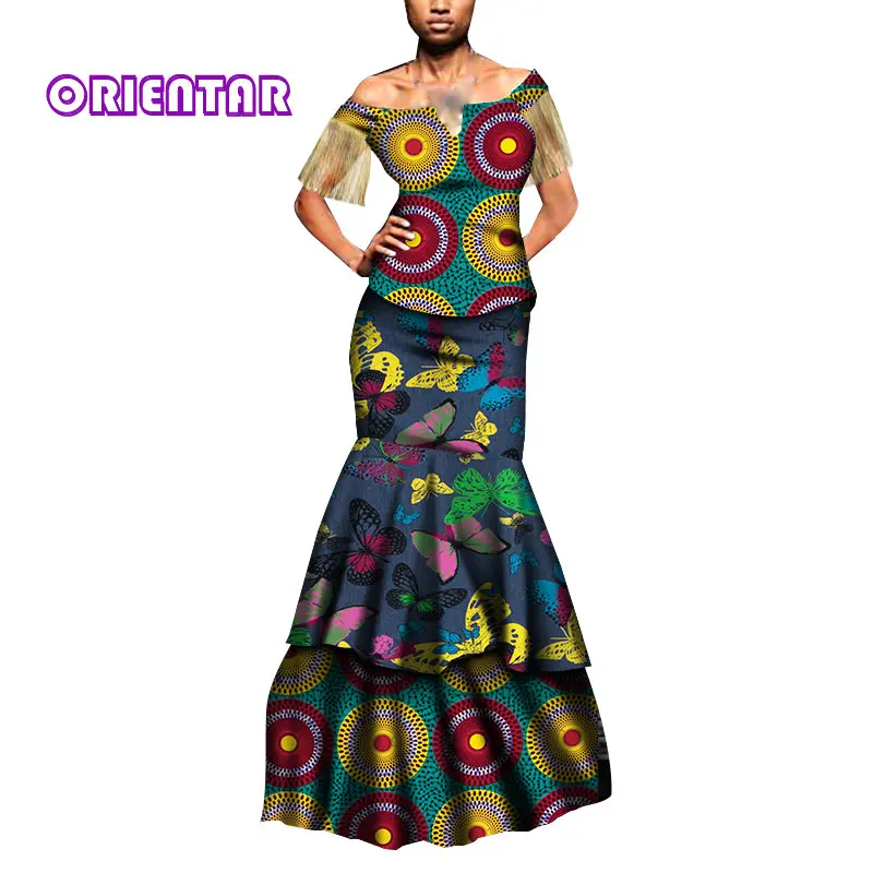 

2 Pcs Set Women African Skirts Set African Wax Print Slash Neck Tops and Long Skirts Party Bazin Riche African Clothes WY7515