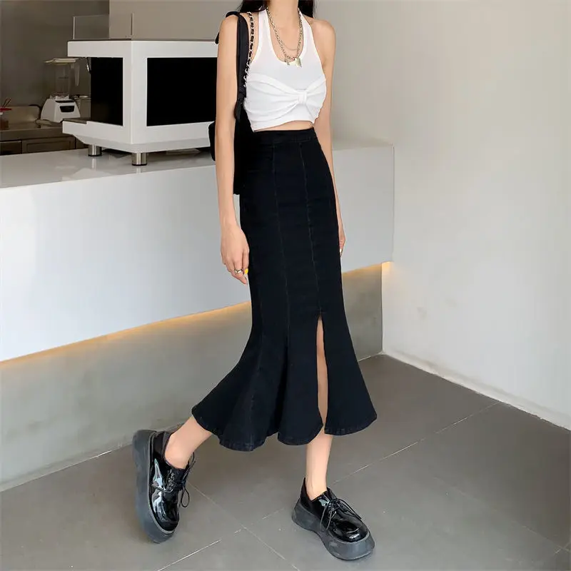 Skirts Women Slim Split Denim Vintage Design Sexy Temperament Trumpet Korean Style Ladies Empire Fashionable College Summer Ins