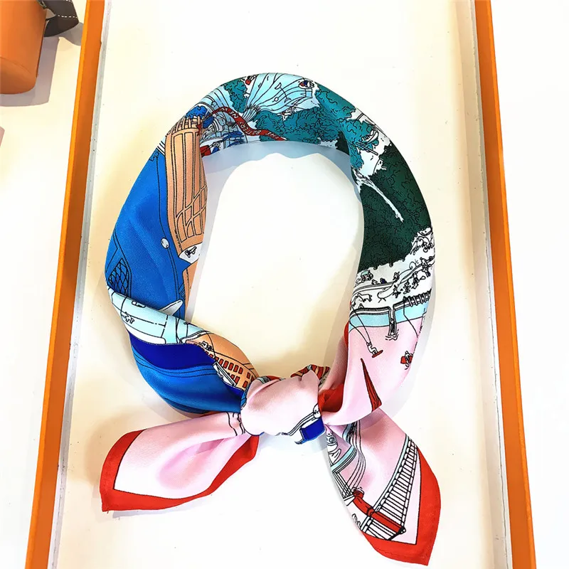 53CM Twill Silk Scarf Woman Water City Print Square Scarves Bandana Small Hijab Foulards Lady Tie Headband Lady Neckerchief