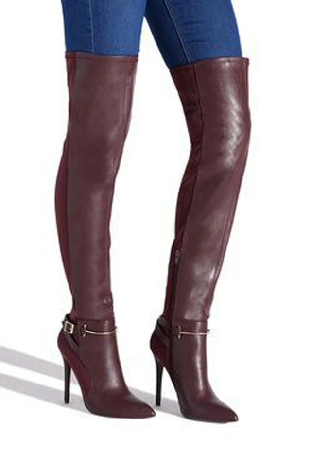 Newest Metal Buckle Maroon Black Stretch Leather Over Knee Boots Women Pointed Toe Thigh Boots High Heel Botas