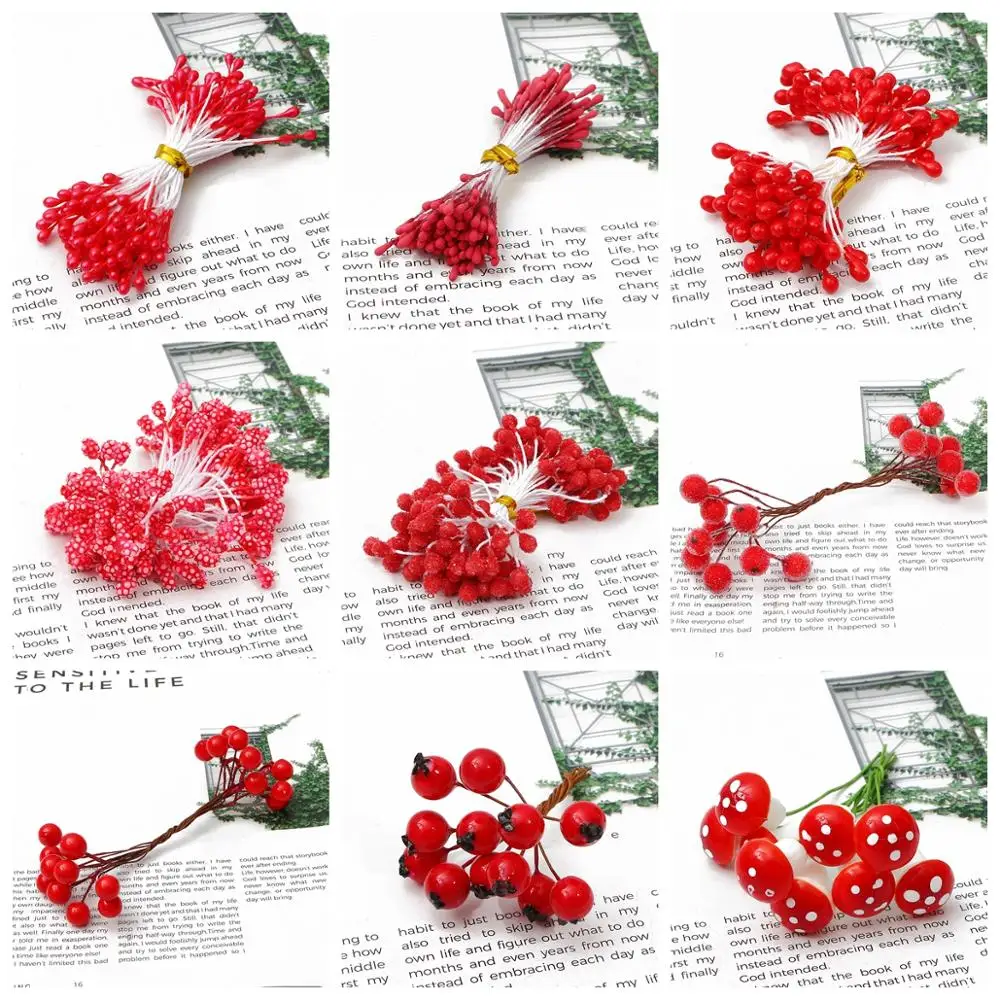 6/10/12/50/60/70/90/144/288pcs Yellow Flower Cherry Stamen Berries Bundle DIY Christmas Wedding Cake Gift Box Wreaths Decor