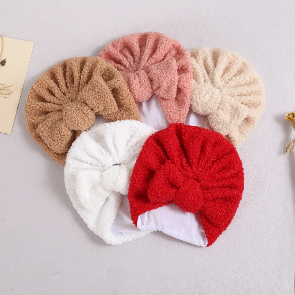 

10pc/lot Baby Cashmere Wool Turban Hats Babes Caps Elastic Hair Accessories 2022 New Girls Boys Bowknot Beanie Bonnet Caps