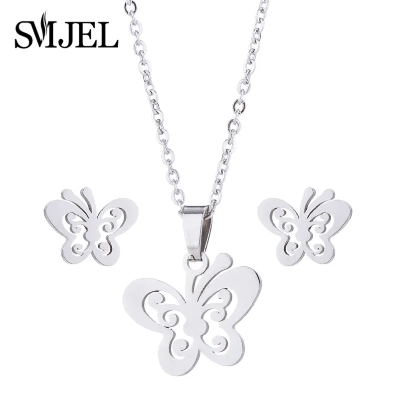 Cute Stainless Steel Butterfly Necklace & Earrings Set
