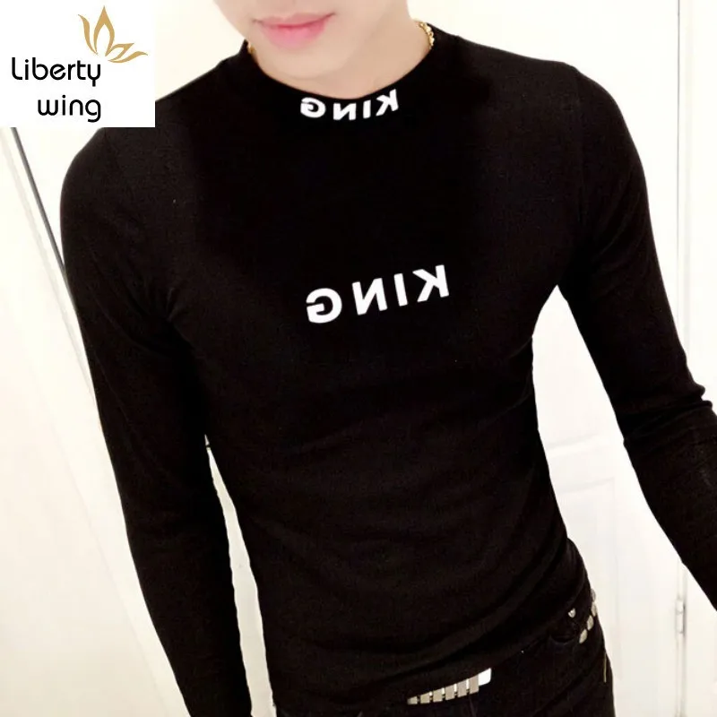 Fashion Mens Slim Fit Turtleneck T-shirt Colors Letters Printed Long Sleeve Autumn Fleece Lining Tops Pullover Skinny T-shirts