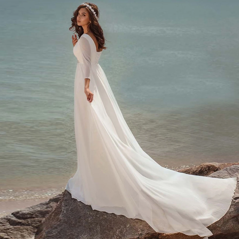 Nuovi abiti da sposa in Chiffon 2024 abito da sposa estivo da spiaggia a maniche lunghe con scollo a v semplice con perline Robe De Mariee