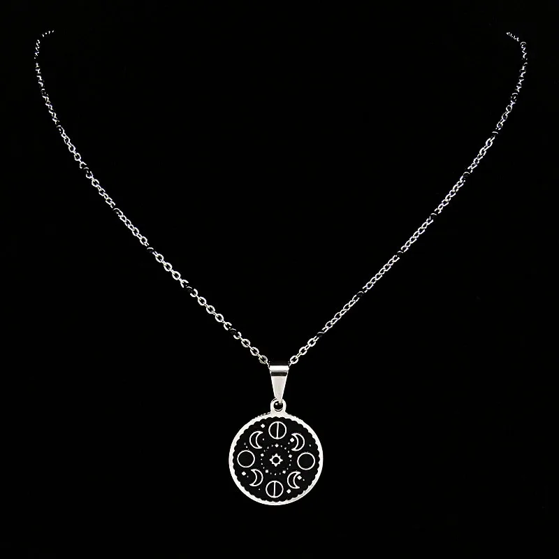 Fashion Lunar Cycle Moon Phase Stainless Steel Black Enamel Pendant Necklace Round Galaxy Necklace For Women Men Jewelry N2057-2