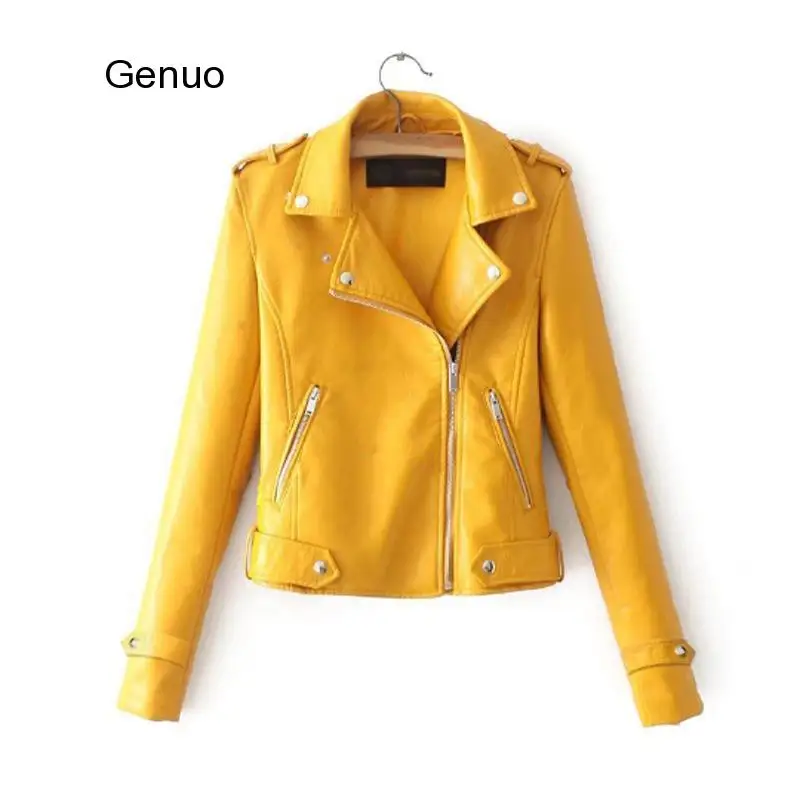 Pu Leather Jacket Women Fashion Bright Colors Black Motorcycle Coat Short Faux Leather Biker Jacket Soft Jacket Female