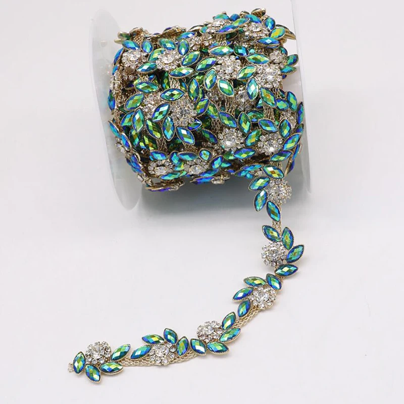 

10Yards Crystal Flower Trim Trimming DIY Sewing Craft Rhinestone Chain Belts for Women Made in China