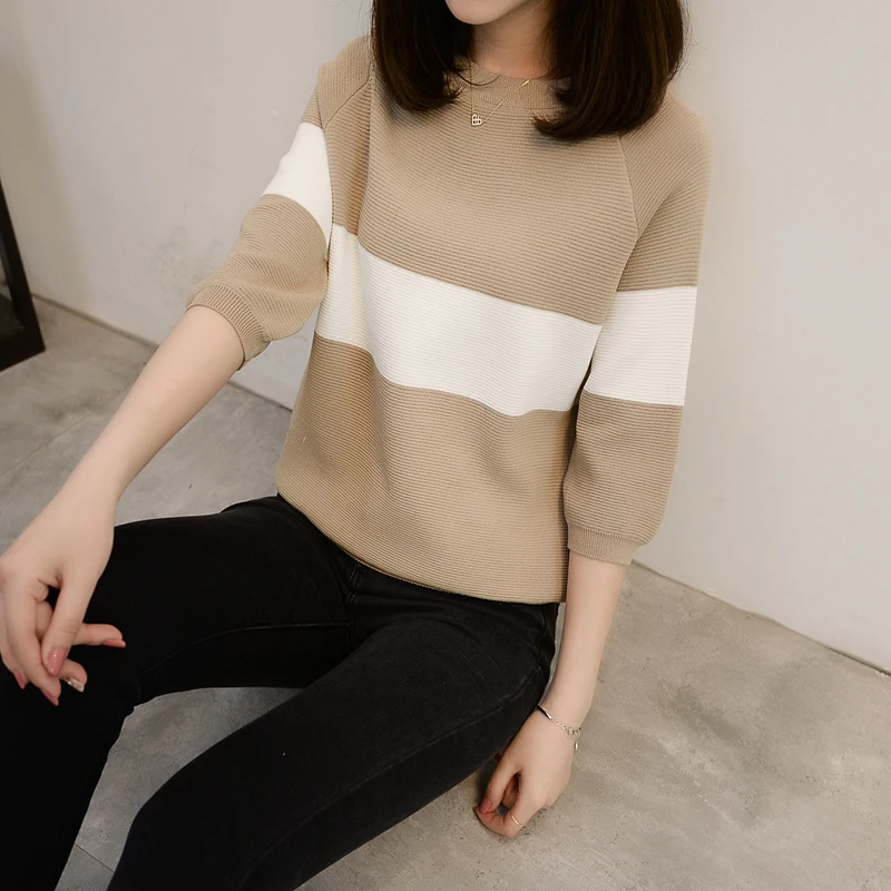 UHYTGF Autumn T-shirts for women fashion ice silk knit pullover loose tops women three-quarter sleeves elegant women t shirt 530