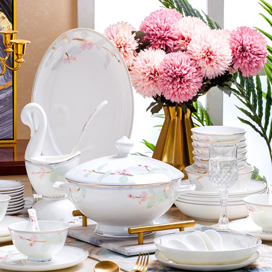 60 Heads jingdezhen ceramics Dinnerware Dinner Tableware Bone China Dishes Set Pot Rice Bowl Salad Noodles Bowl Dish Bowl