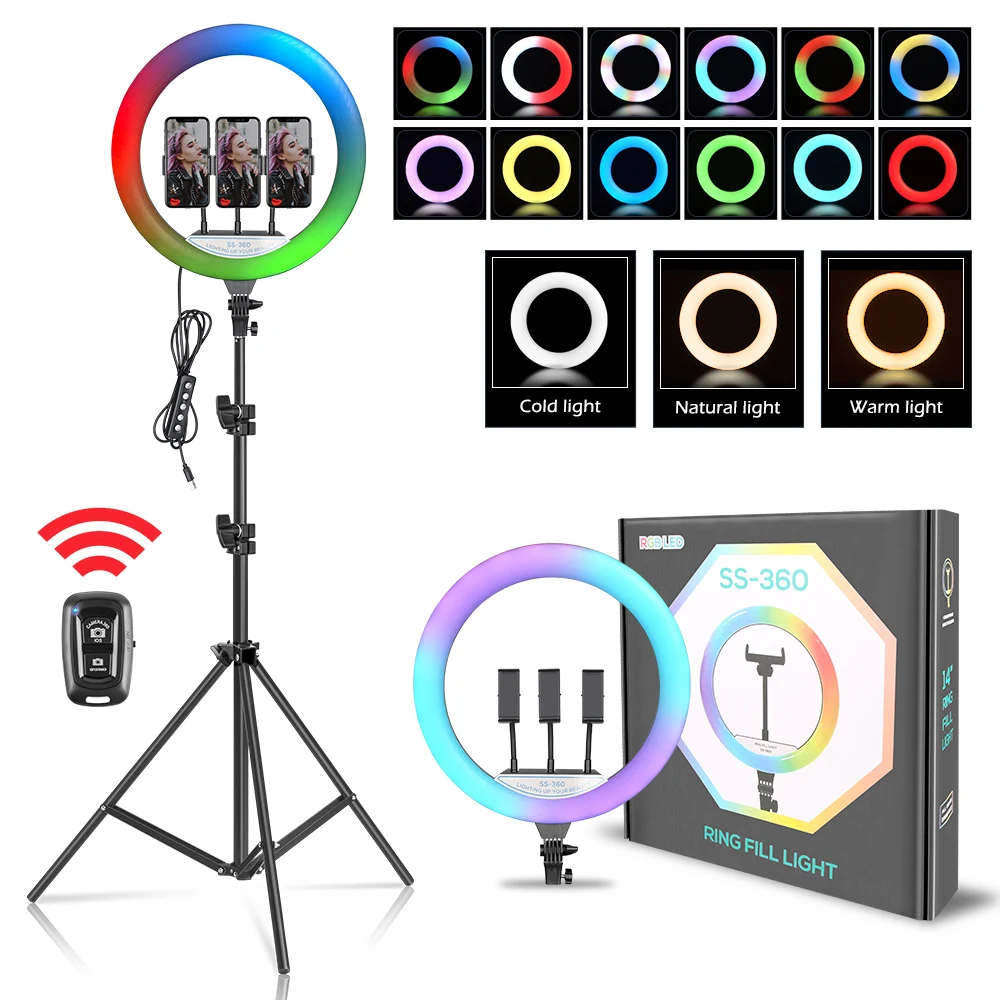 14 inch 35.6cm RGB Ring Light Tripod LED Round Lamp Selfie Stick Tripod with Stand RGB 15 colors Video Light for Youtube