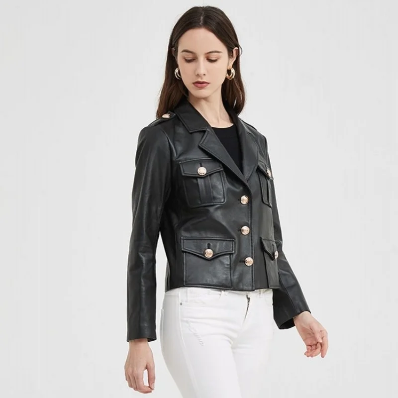 Women Elegant Short Pockets Single Breasted Real Sheepskin Coat High Quality Office Ladies Slim Fit Genuine Leather Jacket Khaki