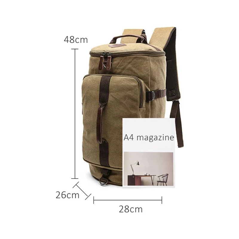 Cylinder Backpack Canvas Men Large Capacity Luggage Shoulder Bags Duffle Travel Waterproof Solid Leather Casual Case Duffel Bag