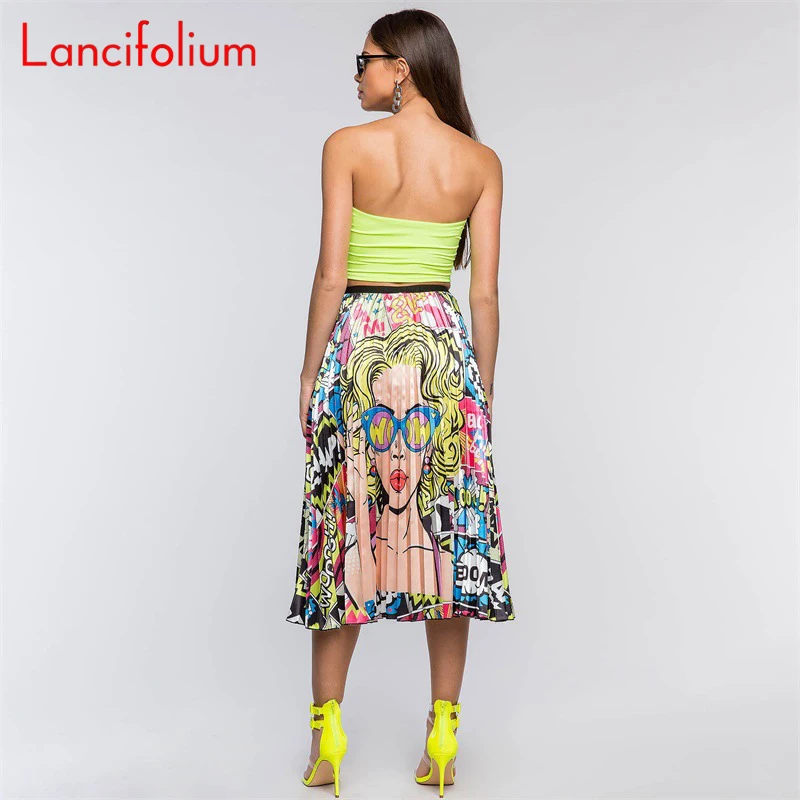 Graphic Print Pleated Skirt Women 2020 Summer Plus Size Sexy Skirt Boho High Waist Midi Skirt Streetwear Cute Faldas Mujer