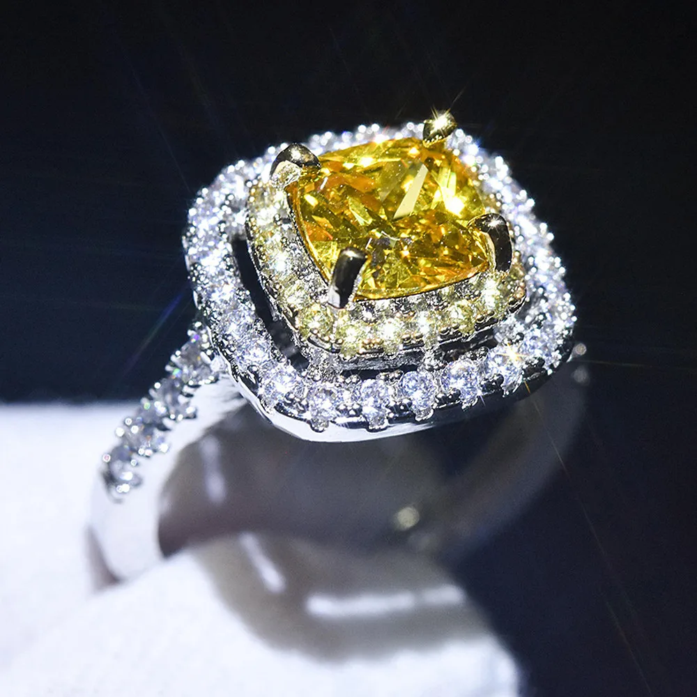 Luxury square yellow crystal citrine gemstones diamonds rings for women white gold silver color bague luxury jewelry party gifts