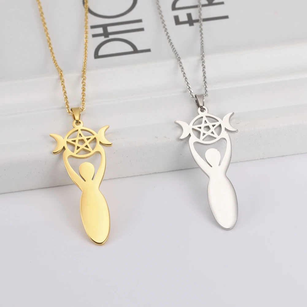 COOLTIME Wicca Witch Triple Moon Goddess Necklace for Women Stainless Steel Pentagram Chain Necklace Jewelry Birthday Gift