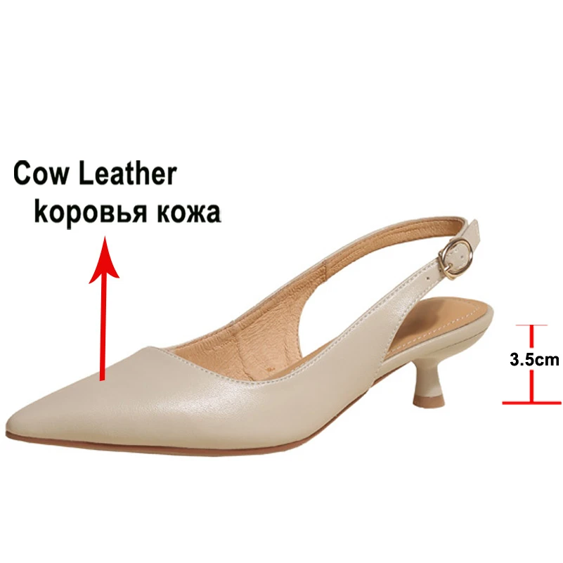 Meotina Genuine Leather Women Slingbacks Shoes Cow Leather Buckle Thin Heels Pumps Pointed Toe Med Heel Ladies Footwear Spring