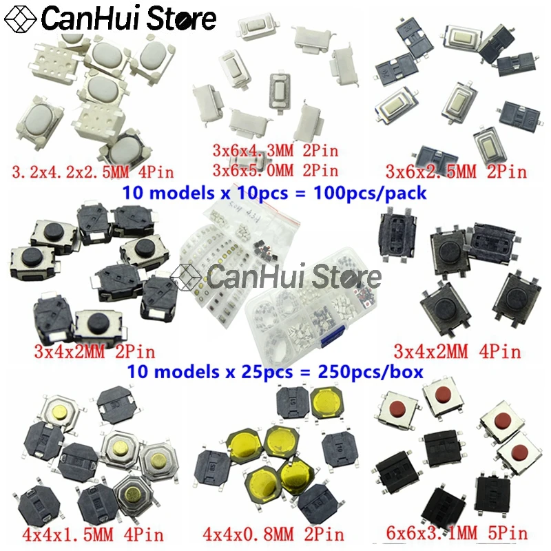 100pcs 3*6*2.5mm 3X6x2.5MM 3*4*2.5mm 3x4x2MM 4*4*0.8mm 4x4*1.5MM 3x6x4.3MM 3*6*5mm 6x6*3.1MM SMT Touch Switches Botões KIT