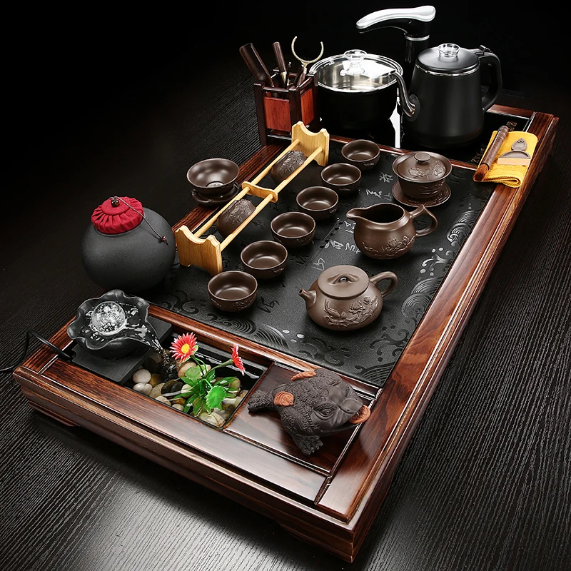 Home Living Room Integrated Purple Sand Tea Set Office Handmade Solid Wood Black Gold Stone Tea Tray Tea Art Automatic Tea Table