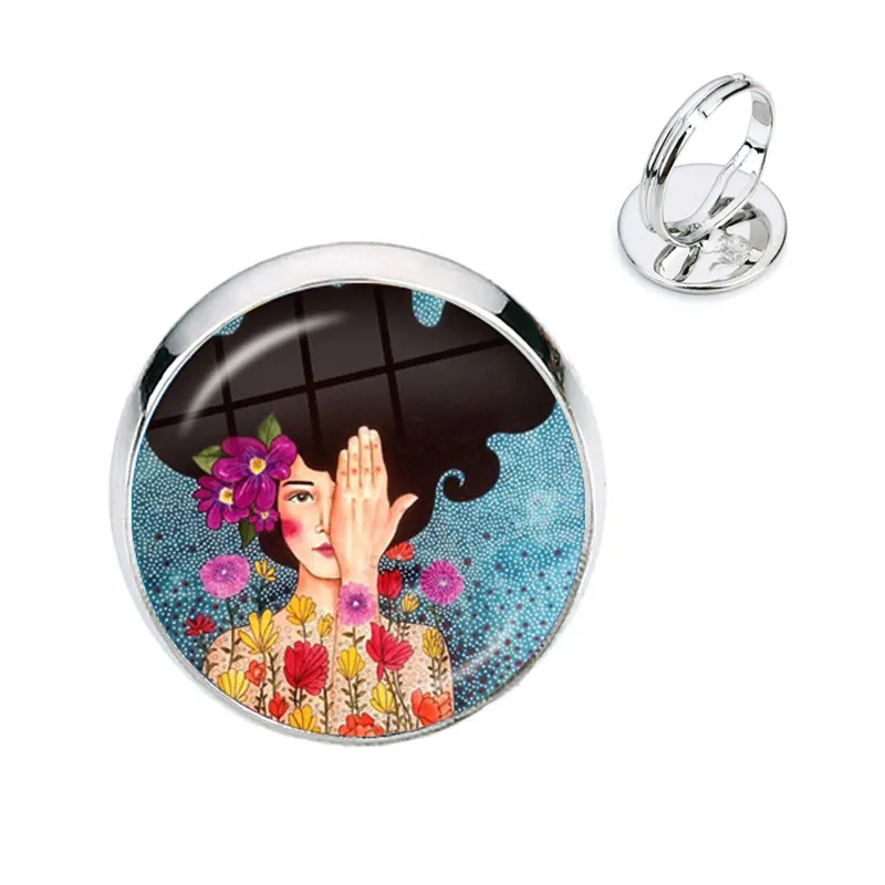 Fashion Beauty Art Flower Girls Ring Glass Cabochon Dome Adjustable Rings For Women Mens Jewelry Gifts